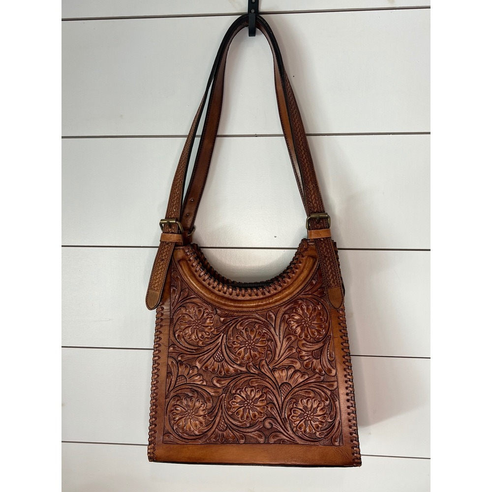Vilenca Holland Hand Tooled Floral Leather Shoulder Bag Tan Whipstitch Western